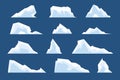 Melting icebergs. Snow arctic bergs, ice north pole cold nature elements. Cartoon winter landscape glacier rocks, frozen