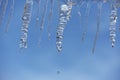 Melting icicles against the blue sky. The onset of the spring thaw.