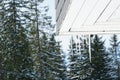 Melting icicles hanging from the corner of a roof