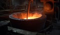 Melting metal, pouring liquid steel, releasing glowing flame, industrial equipment generated by AI