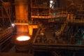 Melting of metal in a steel plant. High temperature in the melting furnace. Metallurgical industry.