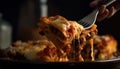 Melting mozzarella on homemade bolognese lasagna slice generated by AI