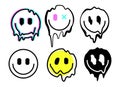 Melting smile emoji icons. Melted funny smile face. Dripping smile. Good mood positive emoji. Royalty Free Stock Photo