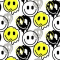 Melting smile emoji icons seamless pattern. Melted funny yellow smile face. Dripping smile. Good mood positive emoji.