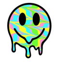 Melting smile. Funny psychedelic surreal techno acid LSD melt smile face logo. Dripping smile. Good mood. Positive emoji