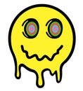 Melting smile. Funny psychedelic surreal techno acid LSD melt smile face logo. Dripping smile. Good mood. Positive emoji