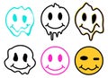 Melting smiley emoji icons. Acid funny melted smile face. Dripping smile. Good vibes mood positive emoji. Royalty Free Stock Photo