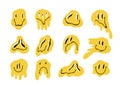 Melting smiling faces. Yellow colorful groovy emoji, dripping melty characters. Crazy smile vintage elements, hippie psychedelic