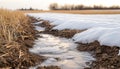 Melting snow creating irrigation ditch in farm field Royalty Free Stock Photo