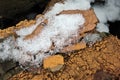 Melting snow on crumbling wall of red bricks