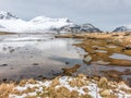 Melting snow and ice, low tide in Flakstadpollen bay, Flakstadoya, Lofoten islands, Nordland, Norway Royalty Free Stock Photo