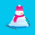 Melting snowman character in hat and scarf