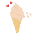Melting soft ice cream or softy in waffle cone, hearts and drops on background, flat doodle raster Royalty Free Stock Photo