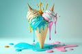 Melting tasty ice cream cone. 3D render colorful
