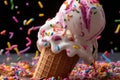 Melting Vanilla Ice Cream Cone with Colorful Sprinkles - Close-up Photo of Tempting Summer Dessert Outdoors