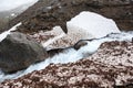 Melting water flowing from mountains between glaciers and snow. Khibiny, Kola peninsula, Russia