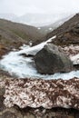 Melting water flowing from mountains from pass between glaciers and snow. The Khibiny, Kola peninsula, Russia