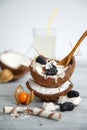 Meltingmelting ice cream in coconut shell, decorated with mulberry and physalis berries Royalty Free Stock Photo