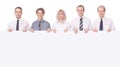 Members of the business team holding a large blank banner. Royalty Free Stock Photo