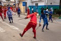 Members of the Marujada Brazilian Frigate parade stage a sword fight in Saubara, Bahia