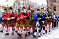 Members of the 78th Fraser Highlanders bagpipers participating in the St. Patrick parade in downtown Quebec City