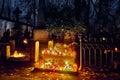 Memento mori - lights and graves on All Saints` Day in the Powazki Cemetery Polish: Cmentarz Powazkowski - is a historic