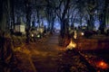 Memento mori - lights and graves on All Saints` Day in the Powazki Cemetery Polish: Cmentarz Powazkowski - is a historic