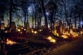 Memento mori - lights and graves on All Saints` Day in the Powazki Cemetery Polish: Cmentarz Powazkowski - is a historic