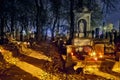 Memento mori - lights and graves on All Saints` Day in the Powazki Cemetery Polish: Cmentarz Powazkowski - is a historic