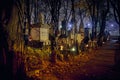 Memento mori - lights and graves on All Saints` Day in the Powazki Cemetery Polish: Cmentarz Powazkowski - is a historic