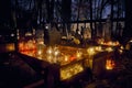 Memento mori - lights and graves on All Saints` Day in the Powazki Cemetery Polish: Cmentarz Powazkowski - is a historic