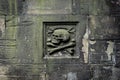 Memento Mori sign in mossy stone wall at Greyfriars Kirkyard