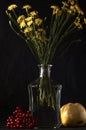 Memento Mori. Still life of a skull, viburnum, a glass bottle with a bouquet