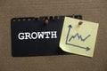 A memo note with a graph sketch and black paper written with Growth on a cork board