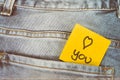 Memo note I love you, trouser pocket Royalty Free Stock Photo