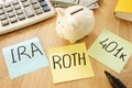 Memo with words IRA 401k ROTH. Retirement plans.