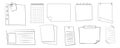 Memo sticky note reminder sheet paper. Doodle paper frame, check list with pin, tape, paperclip elements. Set cute notes