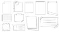 Memo sticky note reminder sheet paper. Doodle paper frame, check list with pin, tape, paperclip elements. Set cute notes