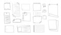 Memo sticky note reminder sheet paper. Doodle paper frame, check list with pin, tape, paperclip elements. Set cute notes