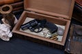 Memorabilia - old vintage revolver gun with ammunitions in wooden box for letters