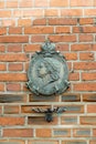Memorable sign of the stay of Peter I in Konigsberg on the brick wall of the Cathedral. Kaliningrad.