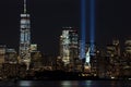 9/11 Memorial Beams with Statue of Liberty and Lower Manhattan Royalty Free Stock Photo