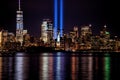 9/11 Memorial Beams with Statue of Liberty and Lower Manhattan Royalty Free Stock Photo