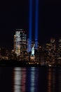 9/11 Memorial Beams with Statue of Liberty and Lower Manhattan Royalty Free Stock Photo