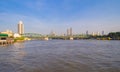 Memorial Bridge, and Phra Pok Klao Bridge with buildings and Chao Phraya River at noon. Urban city, Downtown Bangkok, Thailand