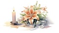 Memorial Candle and Lilies Watercolor Card .