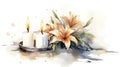 Memorial Candle and Lilies Watercolor Card .