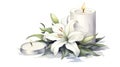 Memorial Candle and Lilies Watercolor Illustration on White Background.