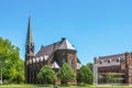 Memorial Chapel and Zelnick Pavilion  - Gothic revival brownstone located on Wesleyan University Campus in Middletown Connecticut Royalty Free Stock Photo