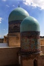 Memorial complex Shakhi-Zinda in Samarkand in Uzbekistan. The domes of the towers of the mosque. Tourism concept. 2 Royalty Free Stock Photo